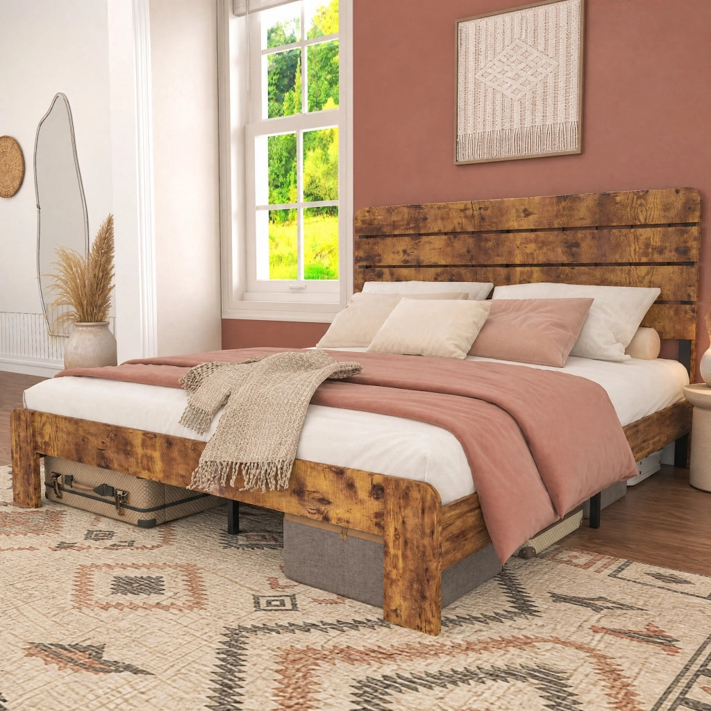 Letto 140x200 cm in MDF e metallo marrone con rete a doghe in ferro