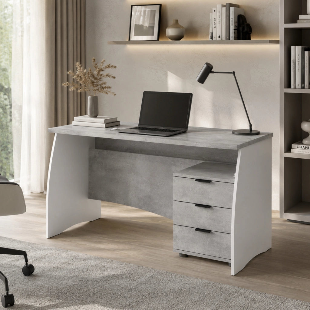 Scrivania Scrittoio Per Studio Con 3 Cassetti Mobile Da Ufficio Soggiorno Sala Da Pranzo 136 X 74 X 67 Cm Bianco E Grigio Cemento