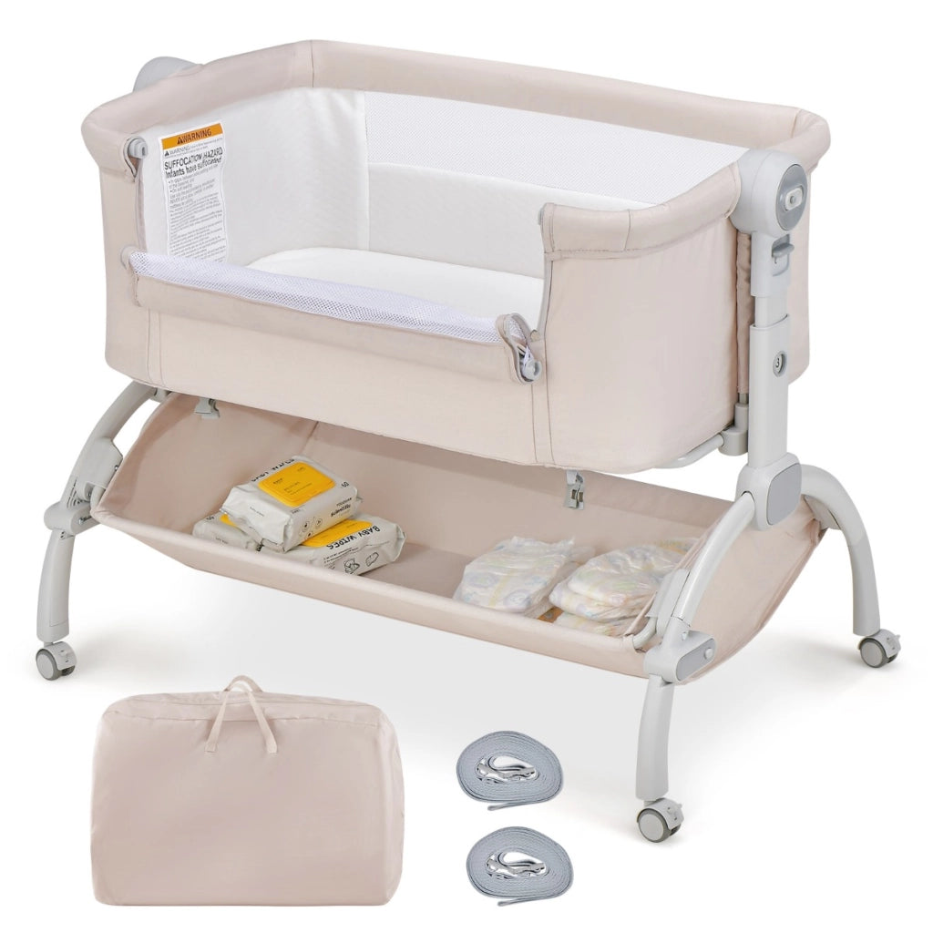Lettino affiancato con regolazione in altezza a 7 livelli per neonati, Culla co-sleeper per bambini cesto portaoggetti Beige