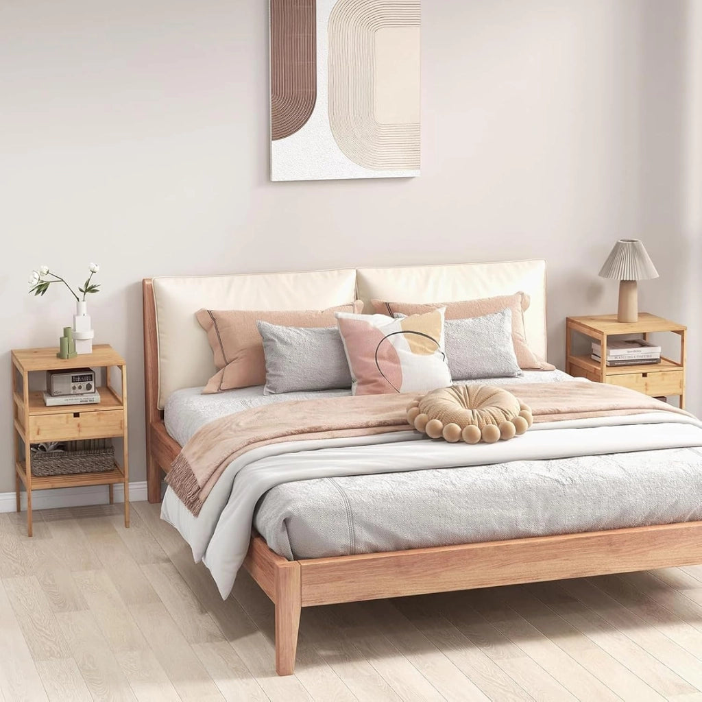 Comodini, materiale ecologico in bambù, comodino a 3 ripiani, tavolino rustico con cassetto, per balcone, soggiorno, camera da letto, 40 x 40 x 45 cm (L x P x A), naturale (2)