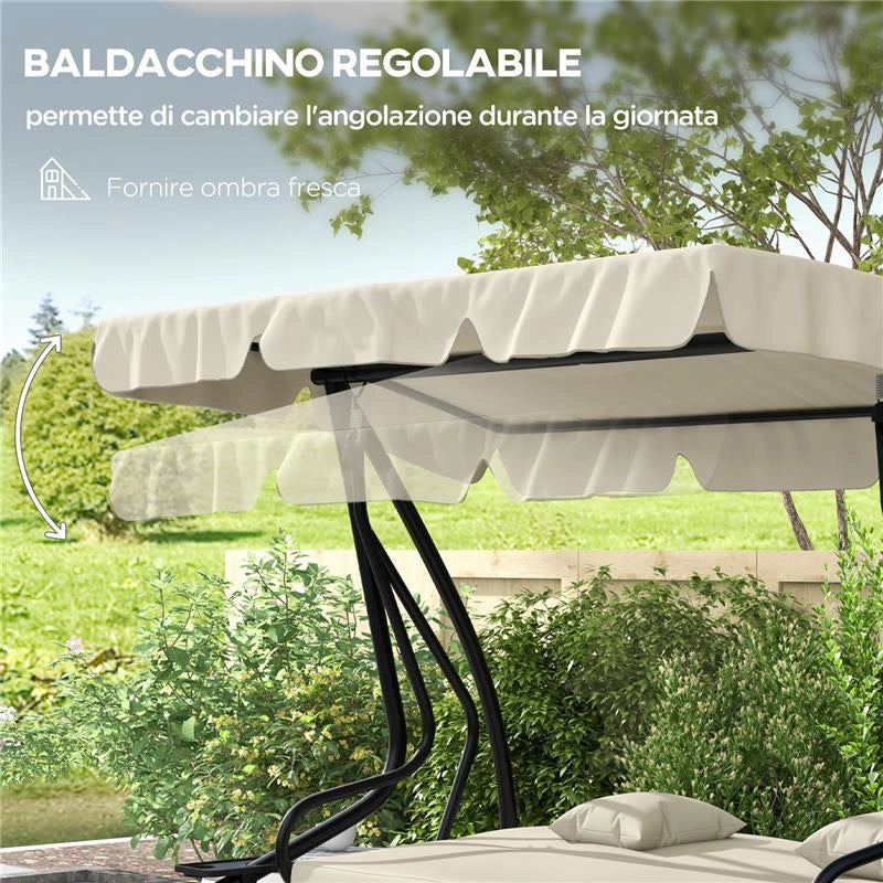 DONDOLO LETTO DA GIARDINO CON TETTUCCIO REGOLABILE E VASSOI, IN ACCIAIO E TESLIN, 200X120X164 CM, CREMA