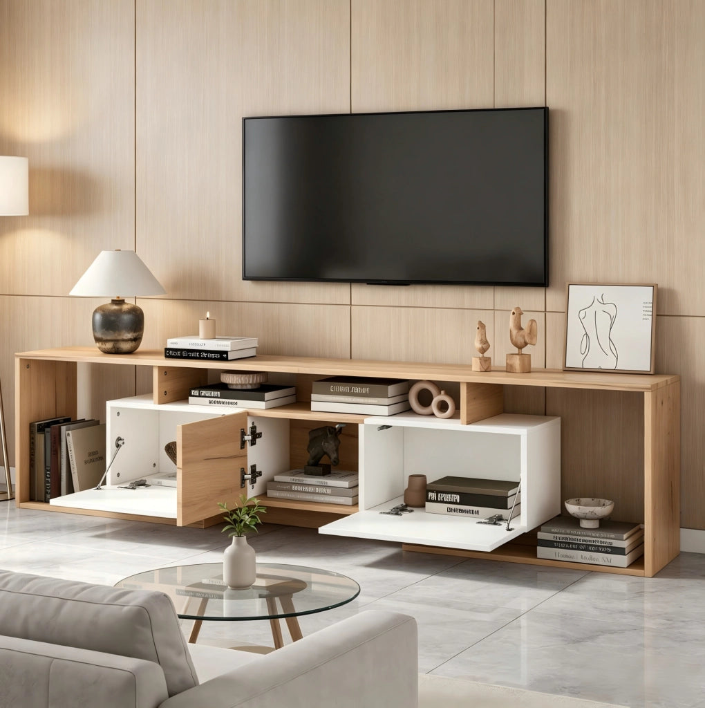Mobile TV 180x30x49 cm con 6 vani e portata 45 kg in truciolare bianco e naturale