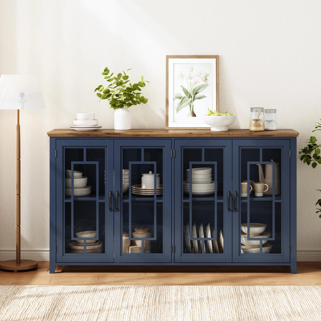 Credenza da cucina 160 cm con ante in vetro, ripiani interni e piano effetto legno, blu