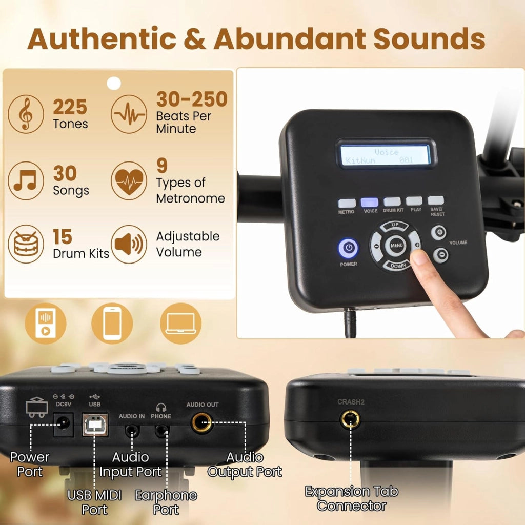 Batteria Elettronica Pieghevole, Batteria Elettrica con 225 Suoni, 15 Combinazioni di Batteria, 30 Canzoni, 9 Metronomi e Midi, Strumento Musicale con Sgabello Regolabile e Cuffie
