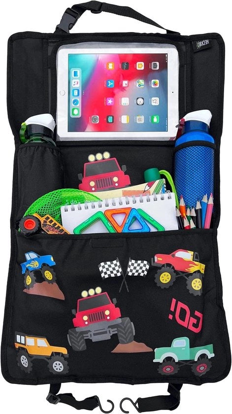 Organizzatore di Sedile per Bambini con Borsa per Tablet Regolabile e Stoccaggio per Accessori - Motivo Camion da Guerra - Universale - 70 x 45 cm - Incl. Orecchiere + Rete di Stoccaggio