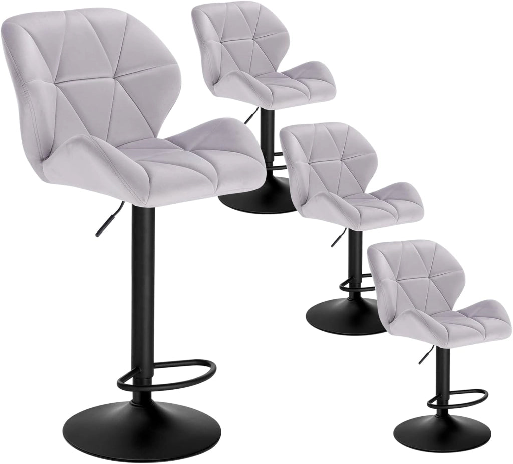 4X Sgabelli da Bar con Schienale Sedia Imbottita Regolabile in Altezza Lift Gas Tessuto Velluto Grigio Chiaro BH139hgr-4