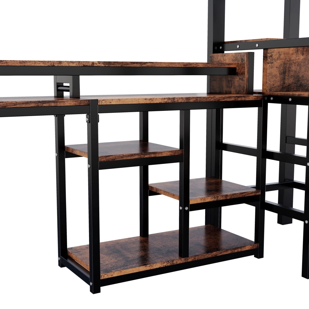Letto a soppalco 140x200 cm in metallo e MDF; con scala contenitore; LED e USB; nero