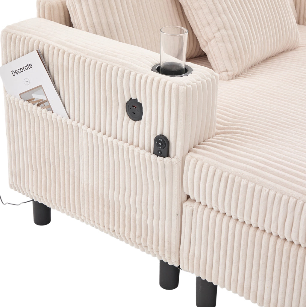 Poltrona relax oversize con LED; porta USB e portabevande; 142×128×85 cm; velluto a coste beige