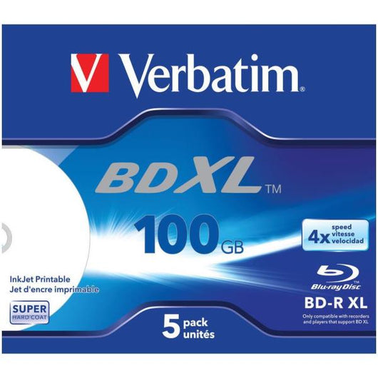 Verbatim bd-r xl 100gb* 4x ampia area stampabile a getto d'inchiostro, 5 pezzi in jewel case - 43789/5
