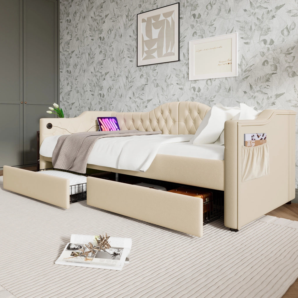 DESMIU Divano letto 90 × 200 cm 1 posto con 2 cassetti, USB, Type-C e senza materasso, in velluto beige