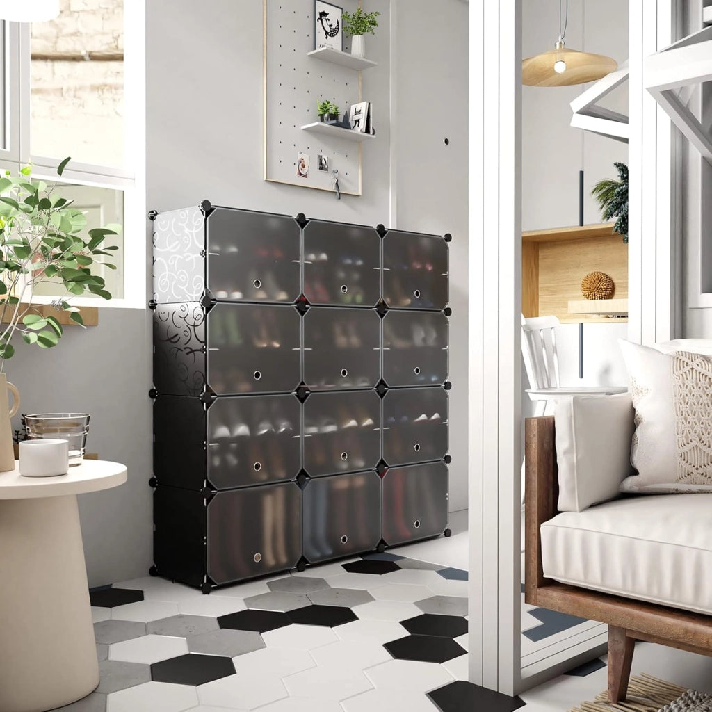 Scatola per scarpe con 12 cubi con ripiano rimovibile, mobile da 48 paia, 5 ganci da appendere, 12 ante 124 x 32 x 125 cm, per corridoio, ingresso, soggiorno, nero (Nero)