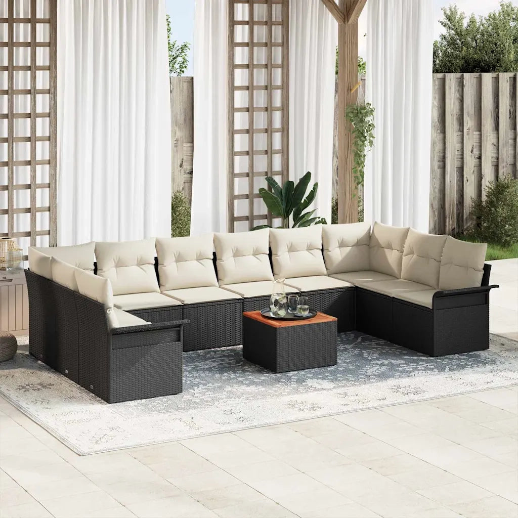 Set Divano da Giardino 11 pcs Nero e Crema polyrattan