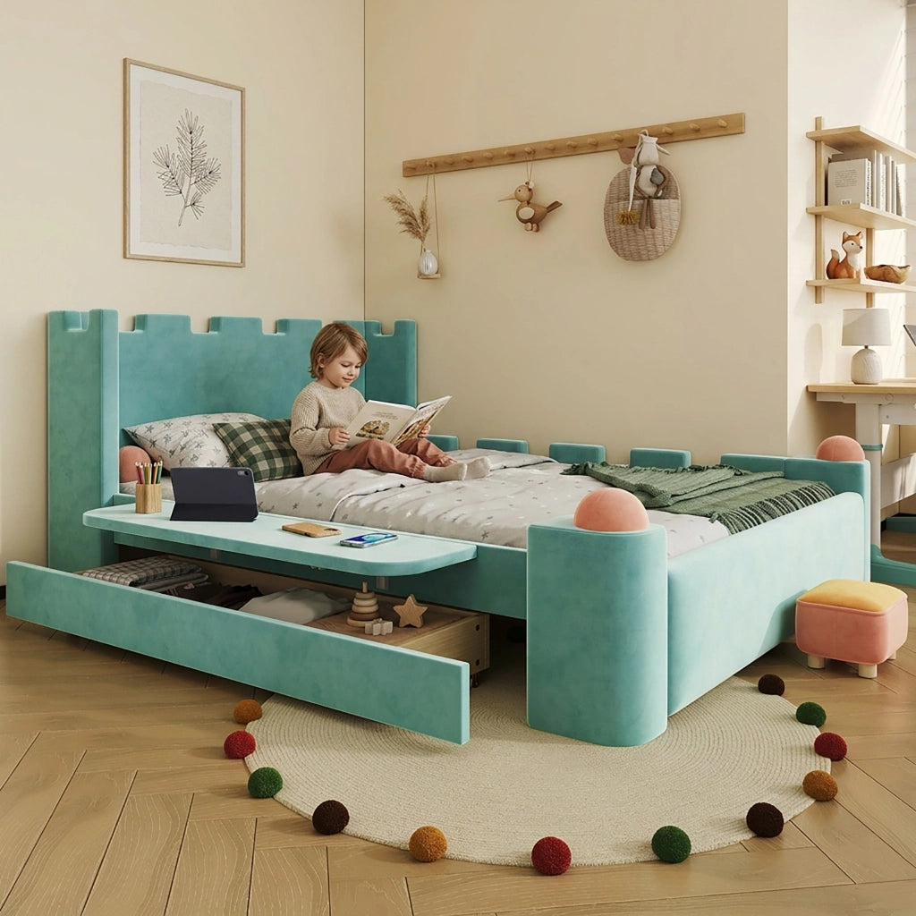 Letto per Bambini 140x200 cm; Matrimoniale con Ripiano pieghevole e Cassetto; Blu Verde