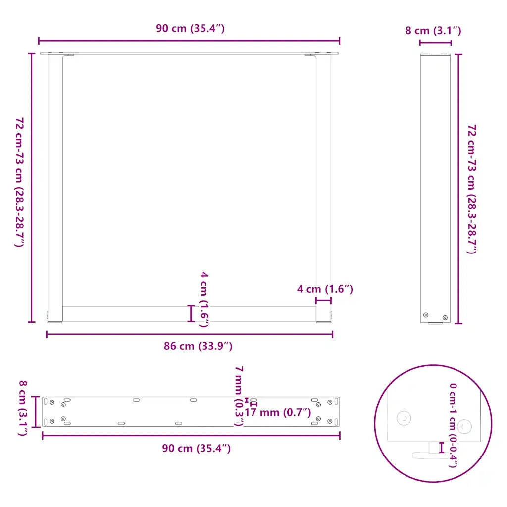 Gambe per tavolo da pranzo a forma di U 3 pz bianche 90x(72-73) cm in acciaio