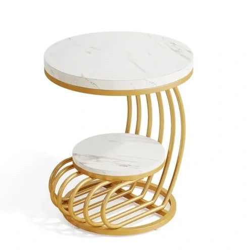 Tavolino rotondo a 2 ripiani effetto marmo bianco e oro