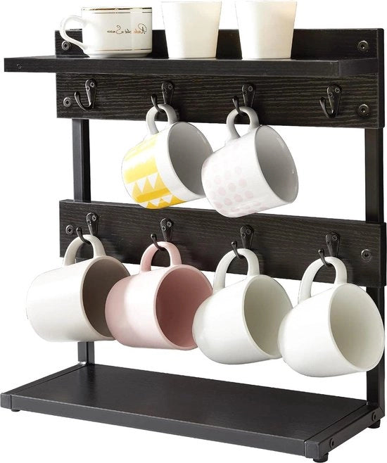 Sostegno per tazze da caffè in legno rustico 2 livelli - supporto per tazze da caffè in cucina - houder per tazze da caffè a stelo - base di archiviazione per tazze da caffè vintage - 8 posizioni per tazze da caffè nero