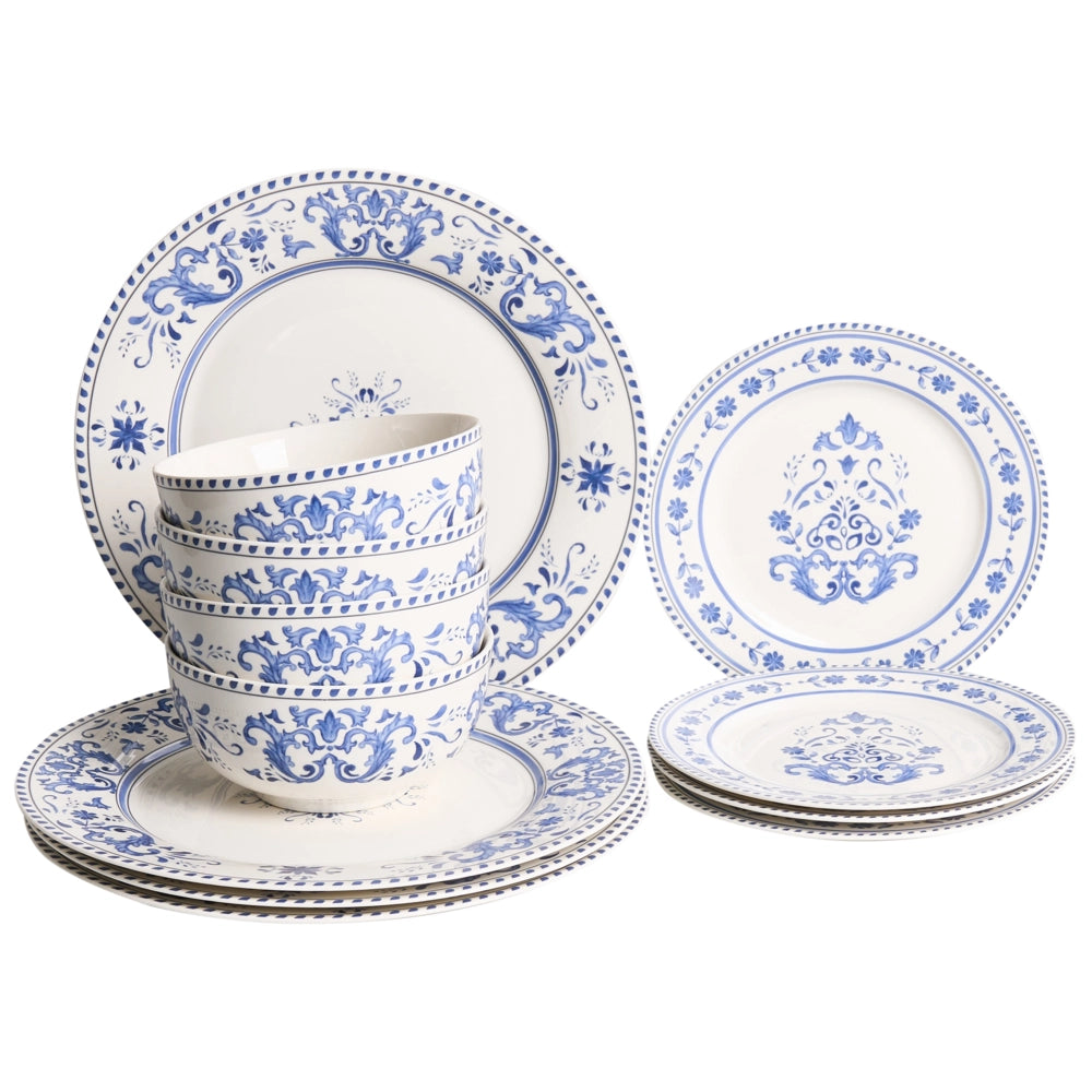 Set da 12 stoviglie in porcellana con motivo astratto bianco e blu, con finitura smaltata, per cucina e sala da pranzo