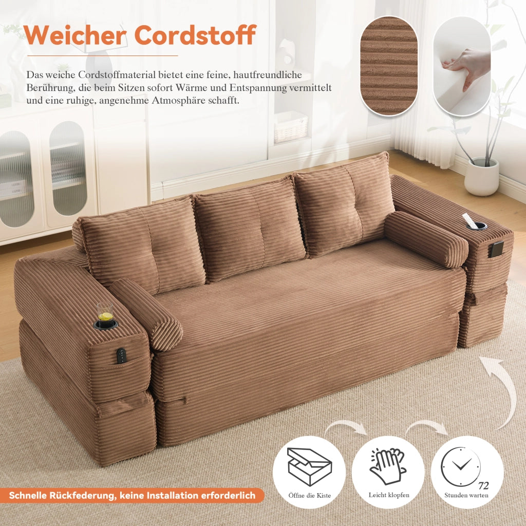 Divano letto modulare con cuscini memory, tasche laterali e portabicchieri in velluto a coste marrone per casa