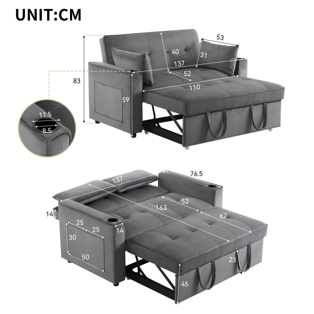DIVANO LETTO 137x76,5x83 cm in velluto grigio con portabicchieri e cuscini
