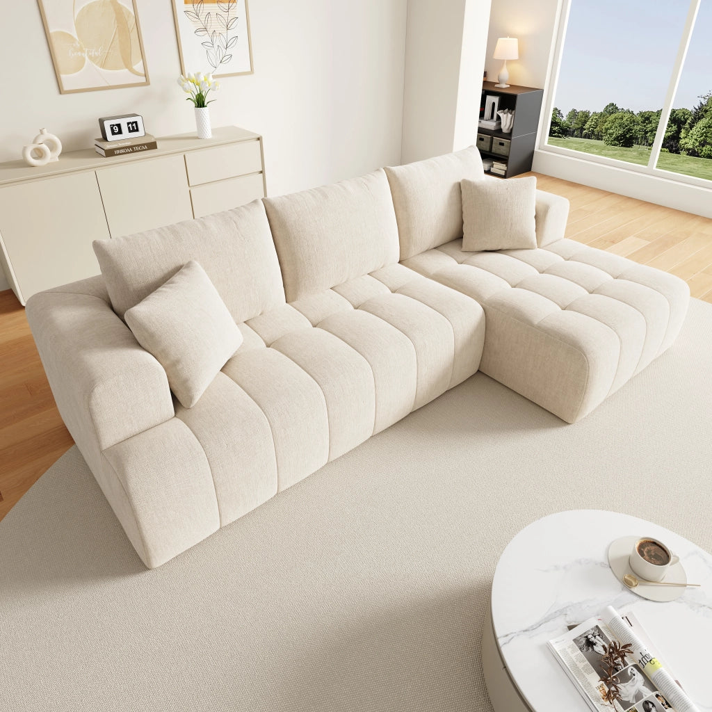Divano angolare modulare 3-4 posti con chaise longue e 2 cuscini, design basso per soggiorno in chenille beige