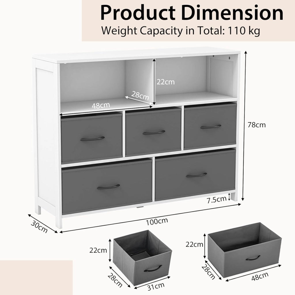 Comò con 5 Cassetti in Tessuto, Cassettiera con 2 Somparti Aperti e Cassetti Rimovibili e Pieghevoli, Porta Tv fino a 50", Armadio Multiuso per Camera da Letto, Soggiorno, 100 x 30 x 78 cm