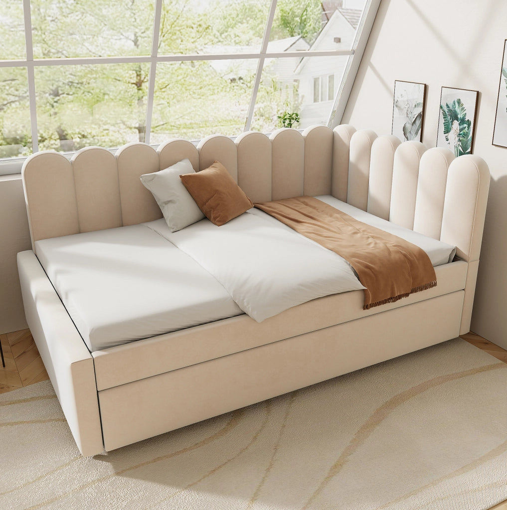 Divano letto angolare 140x200 cm beige in velluto con letto estraibile