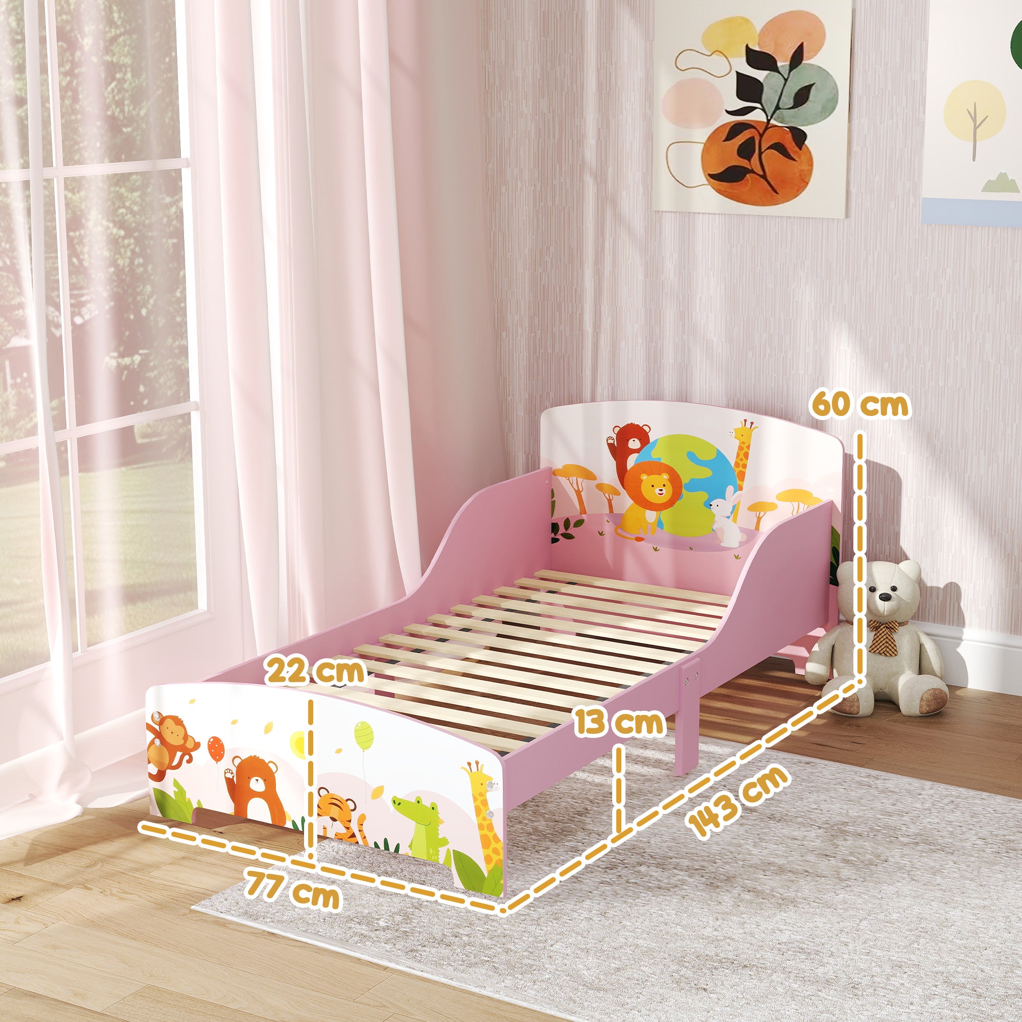 Letto per Bambini 3+ Anni 143x77x60 cm con Bordi e Sponde Rialzati in MDF Rosa