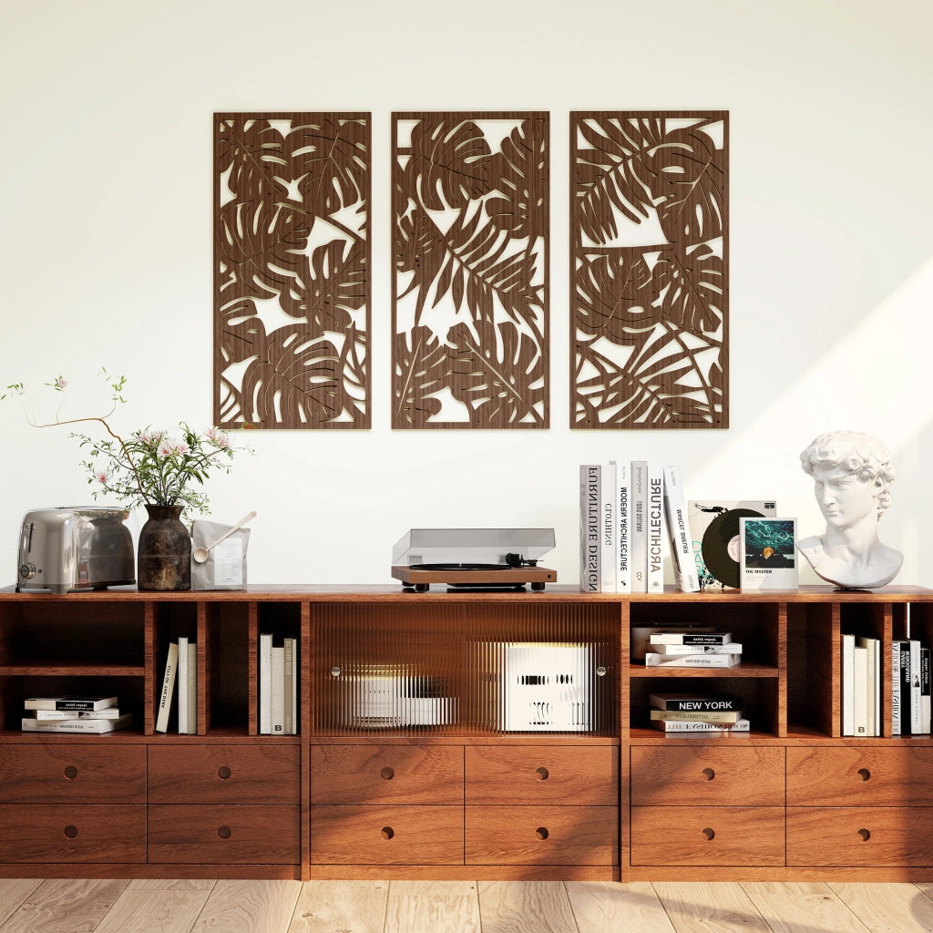Quadro Legno 40x80 cm 3D Foglie Tropicali ¨C zephmum ¨C 3 Pezzi 40x80 cm