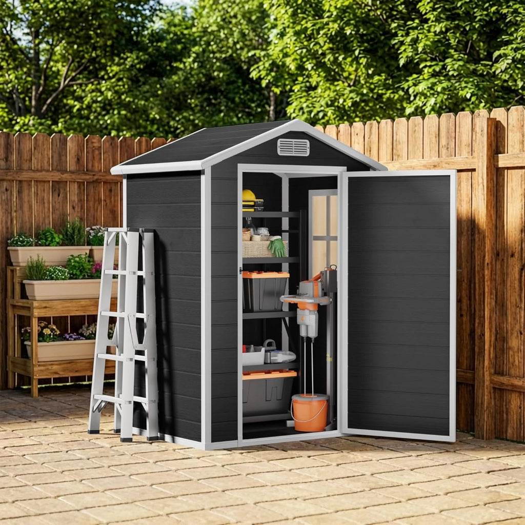 Casetta da Giardino in Resina, Capanno Porta Attrezzi Intemperie con Finestra e Ventilazione, Box Stoccaggio con Serratura per Attrezzi da Giardino, 122 x 92 x 187 cm (Nero)