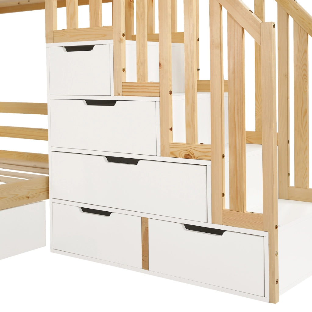 Letto a castello per bambini con cassetti, finestra decorativa e scala con corrimani