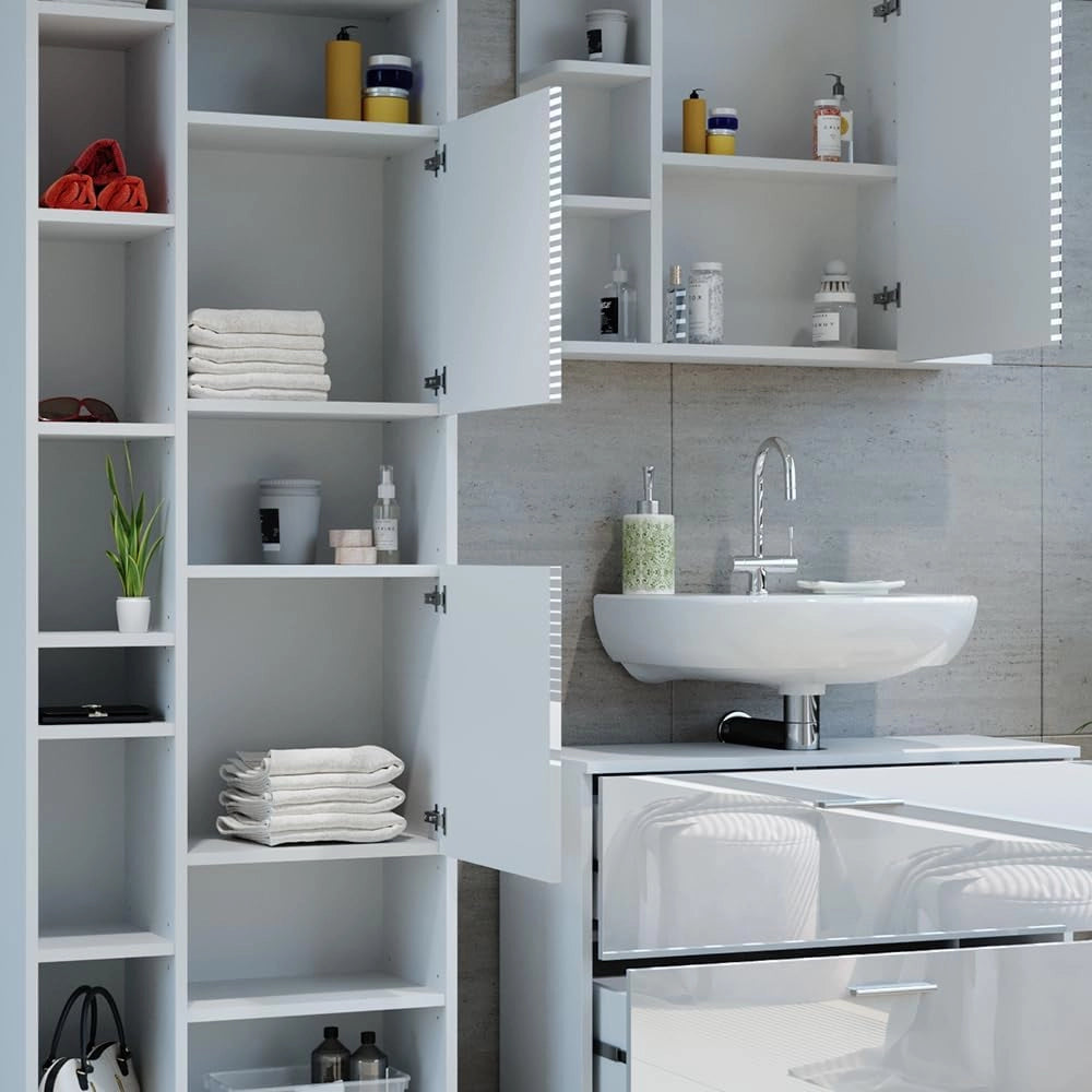 Set di mobili da bagno Ilias, Bianco lucido, 80.2 cm, composto da mobile sottolavabo, specchiera e colonna alta