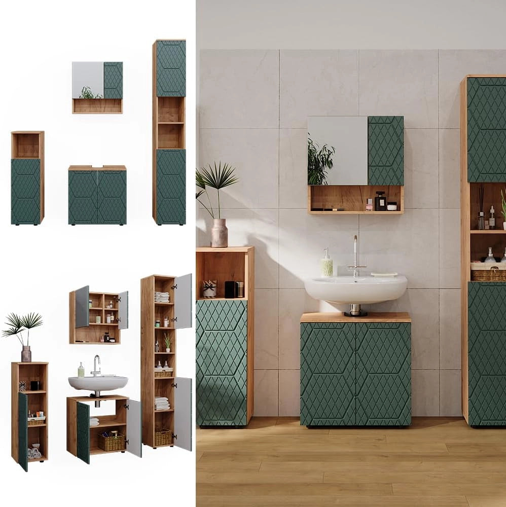 Set mobili bagno Irma, Quercia verde/oro, 4 pezzi, con colonna