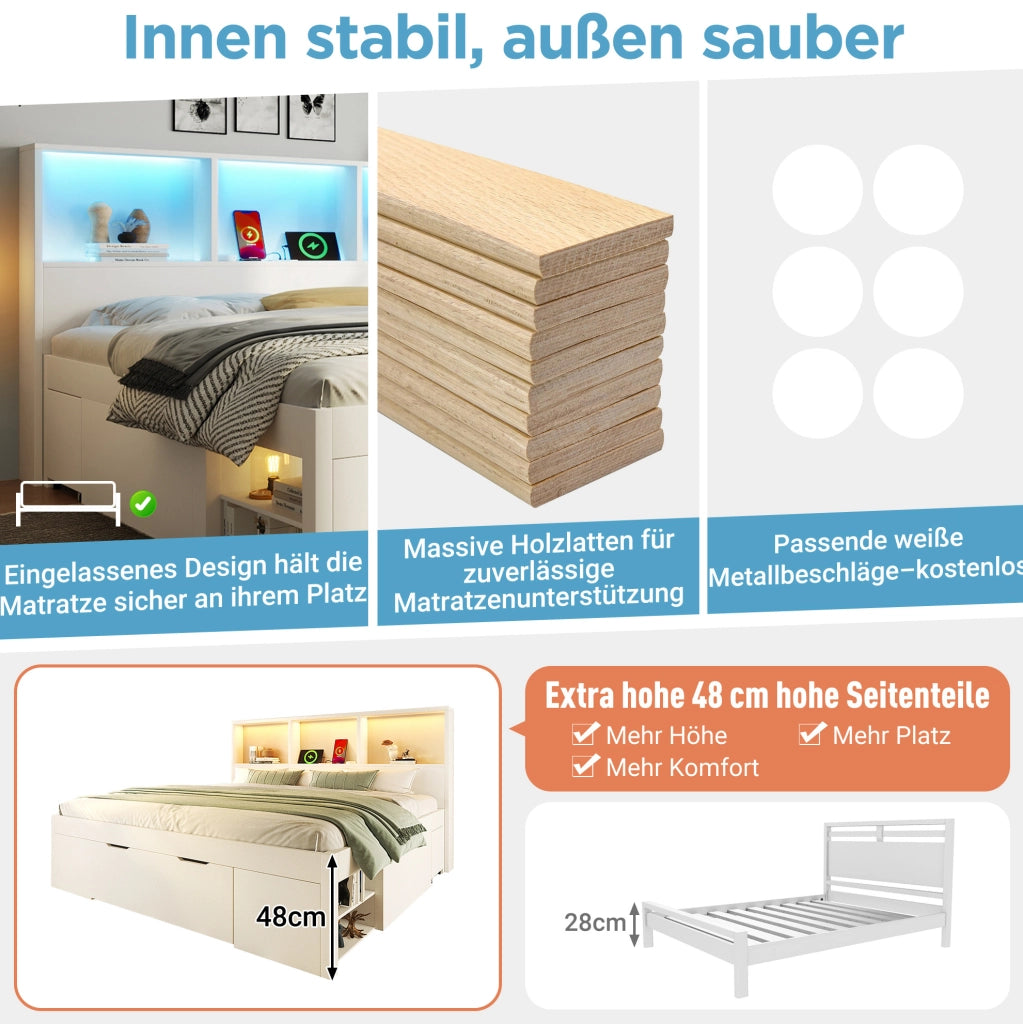 Letto matrimoniale 140x200 cm in legno bianco con LED; USB Type-C; comodini mobili e contenitore