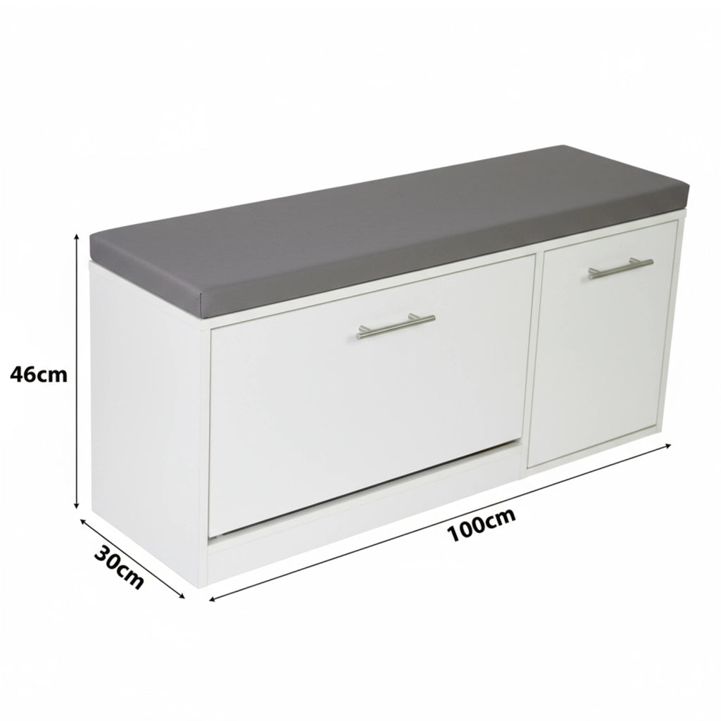 Marvin Scarpiera Panca da Ingresso con Anta Contenitore – Portascarpe Salvaspazio in Legno con Bianco / Cuscino Grigio