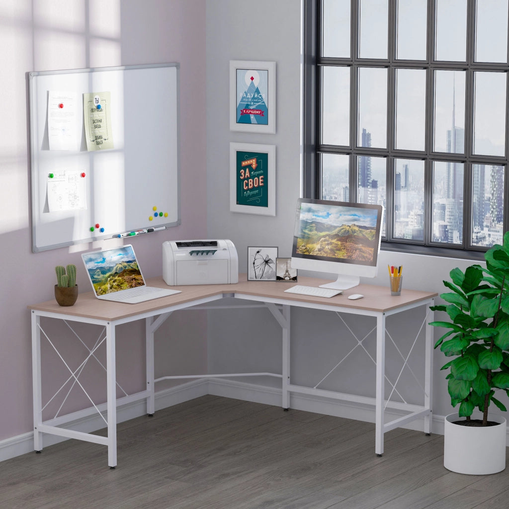 Scrivania angolare a L con ampia superficie, struttura in acciaio, per ufficio domestico e studio, naturale, 150 × 150 × 76 cm