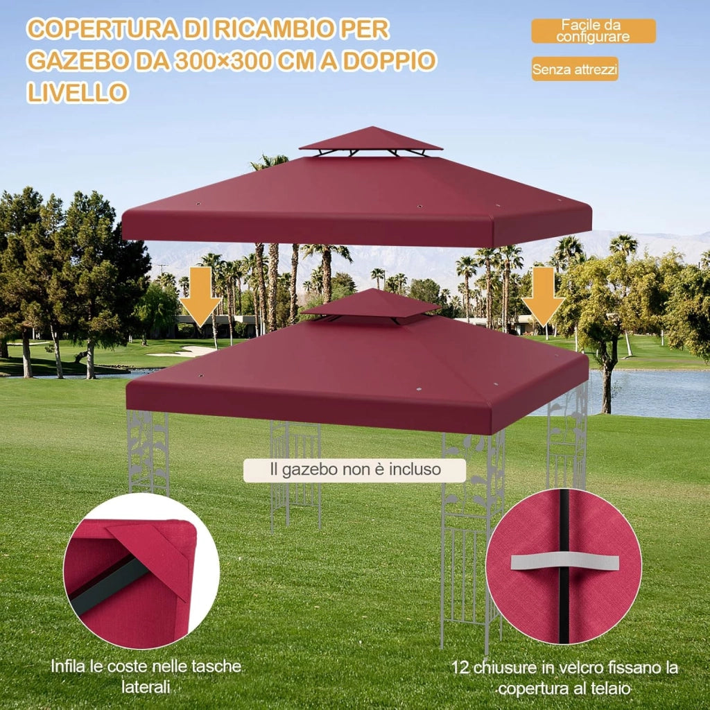 Tettoia di Ricambio per Gazebo da 3 x 3 m, Doppio Strato Superiore, Copertura per Gazebo da Giardino con Gancio e Chiusura a Strappo (Rosso)