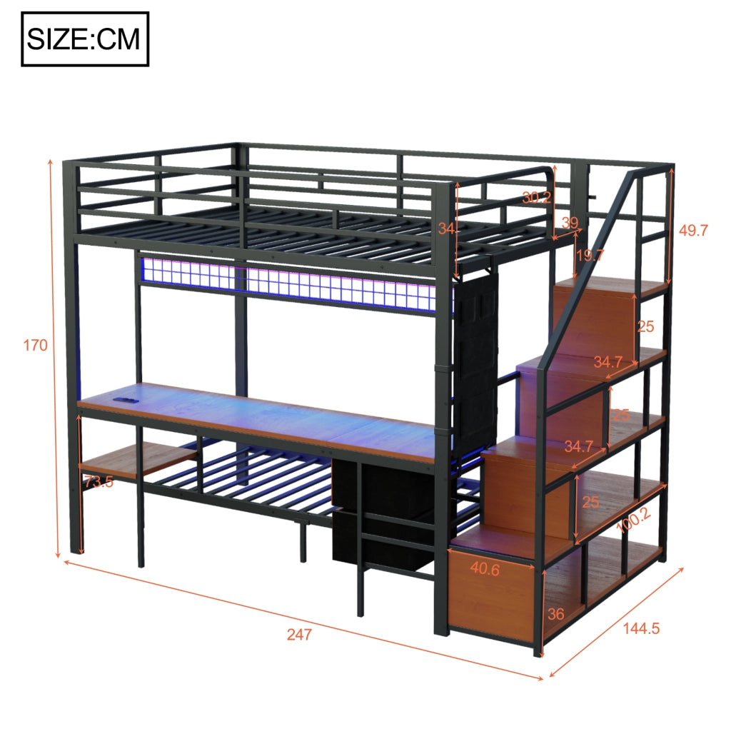 Letto a soppalco ULEVR 140x200 cm con letto inferiore 90x200, scrivania, LED e prese, metallo e MDF