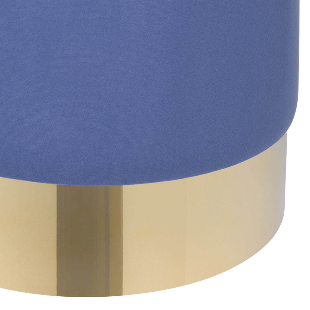 Poggiapiedi rotondo in velluto blu con pouf da toeletta Glam Sgabello con dorato