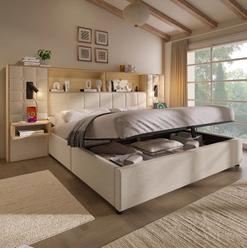 Letto matrimoniale 180x200 cm con contenitore; testiera con luci di lettura e prese USB Tipo C; beige