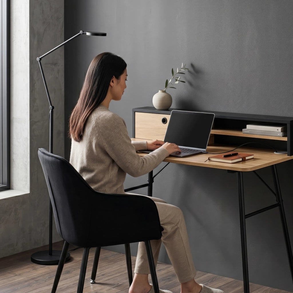 Scrivania Var con 2 Scomparti e Cassetto 93 x 90 x 50 cm - Nero / Effetto Rovere [en.casa]