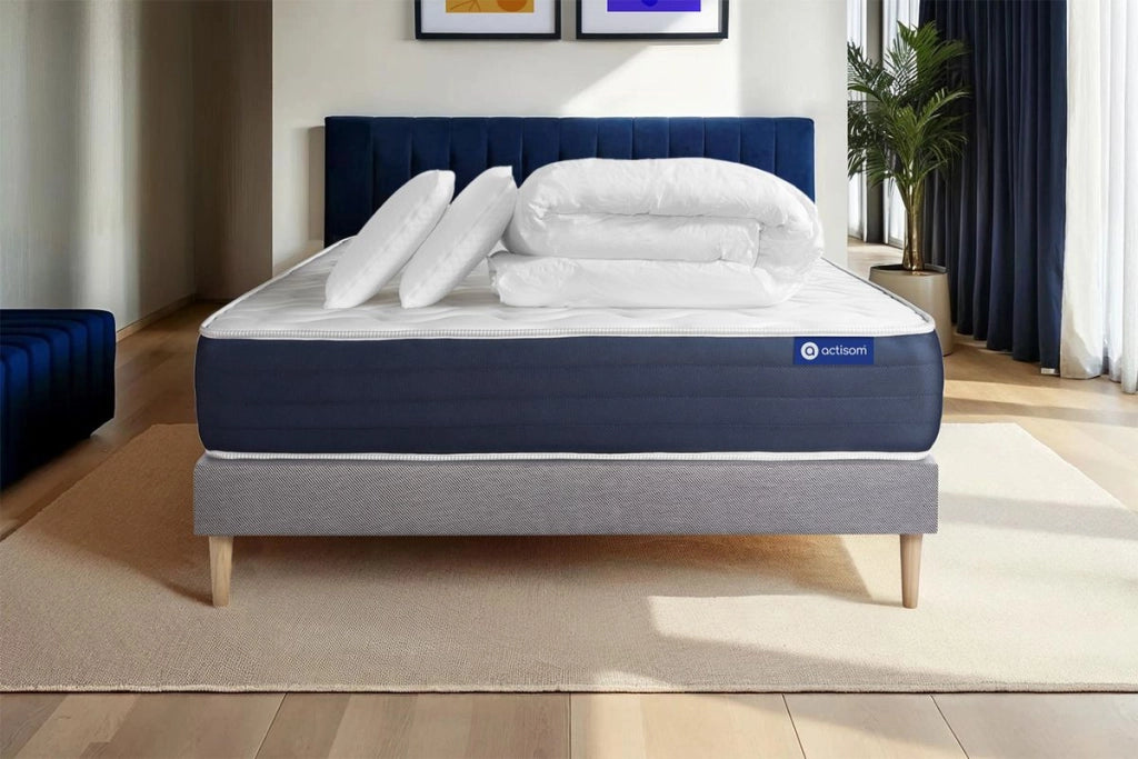 Pacchetto letto completo - Materasso 200x200cm + Box spring con doghe (kit) + 2 cuscini + Piumino - Actimemo Sleep