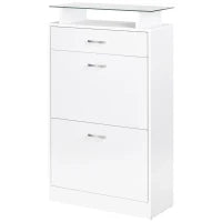 Mobile Scarpiera in Legno con 2 Ante a 2 Livelli, Cassetto e Ripiano in Vetro 60x24x105.5 cm, Bianco
