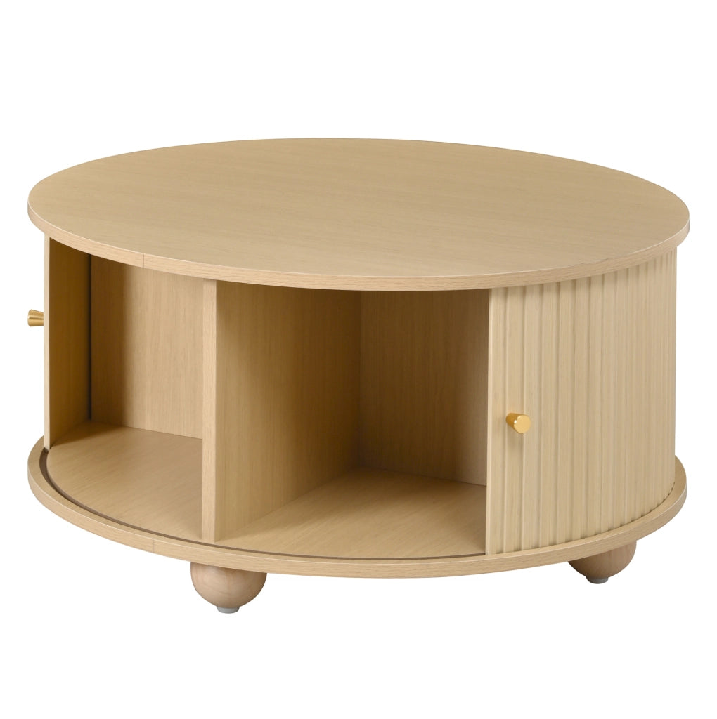 Tavolino da salotto rotondo 72x72x38 cm con due ante scorrevoli in MDF naturale