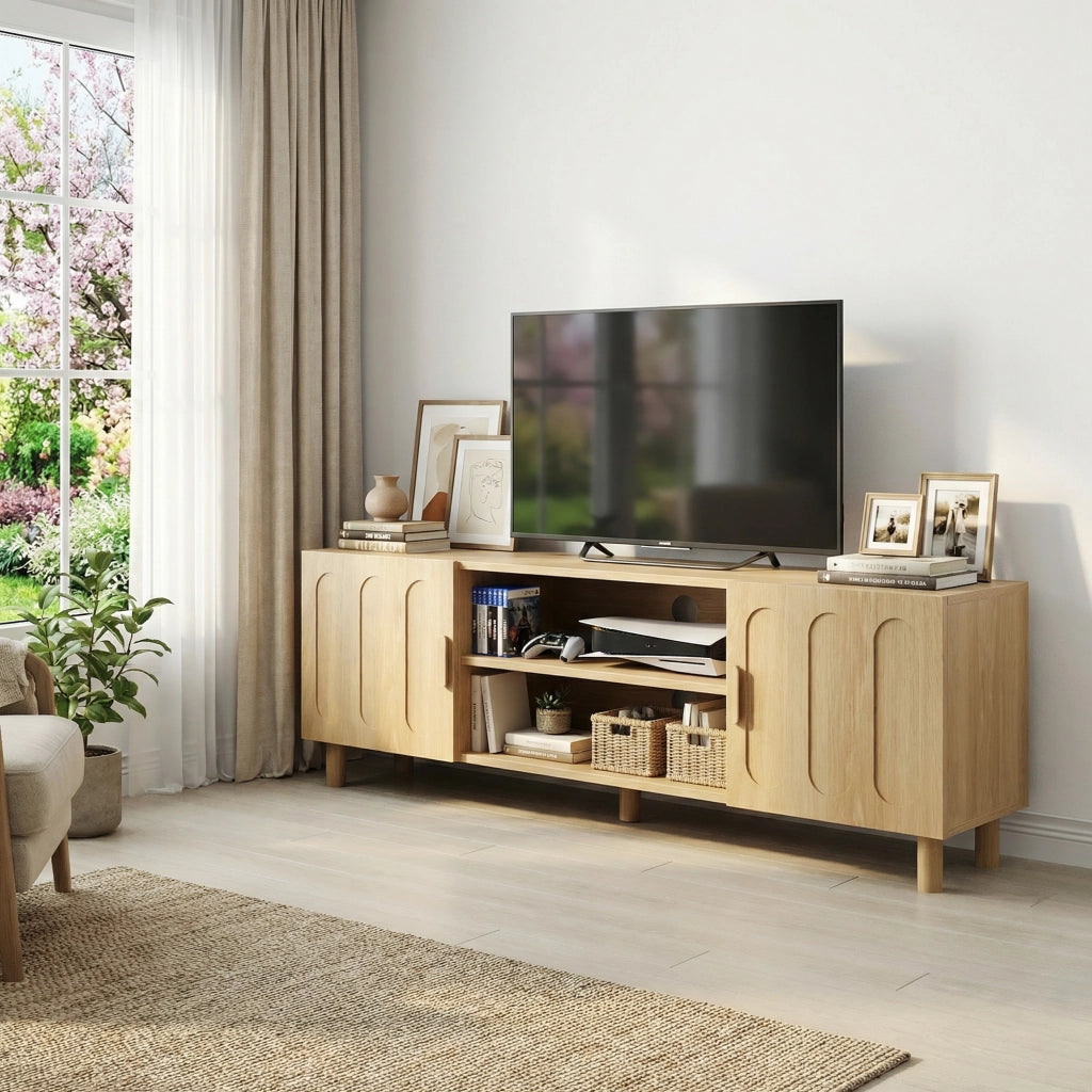 Mobile TV in stile country moderno, 140 cm, con ampia capacità contenitiva e gestione cavi, finitura effetto rovere