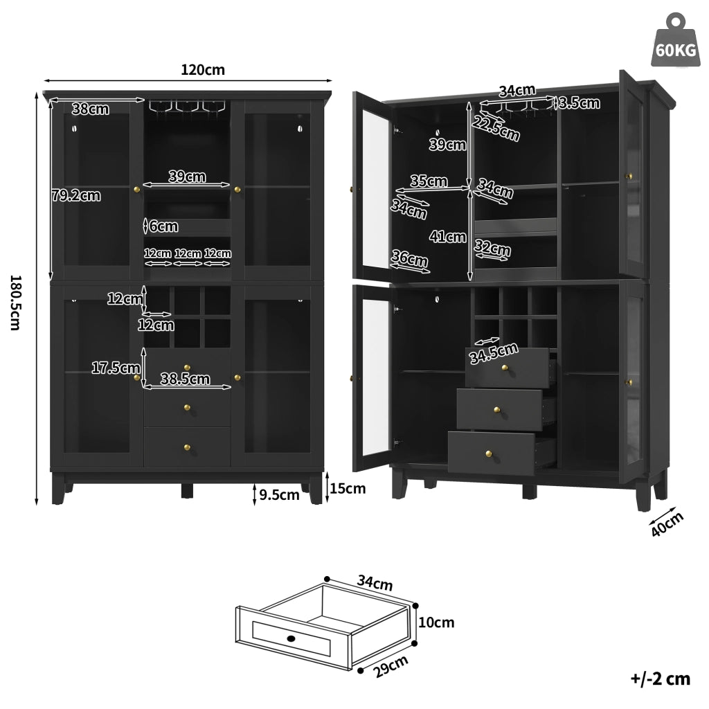 Mobile bar con LED RGB da app 3 cassetti ripiani regolabili portabicchieri portabottiglie MDF nero 120 × 40 × 180,5 cm