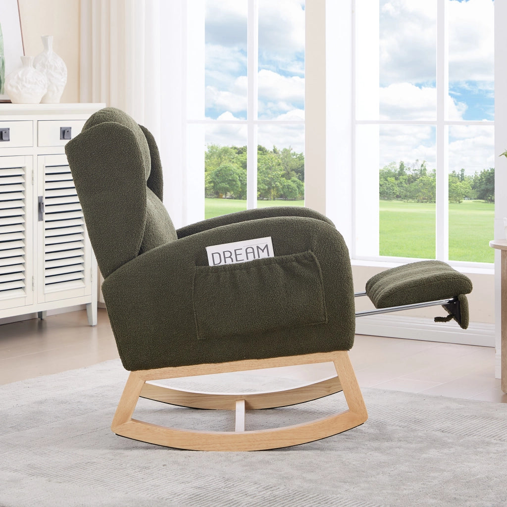 Poltrona a Dondolo con Poggiapiedi ¨C MINIMAL ¨C Tessuto Teddy, Schienale Alto, Verde
