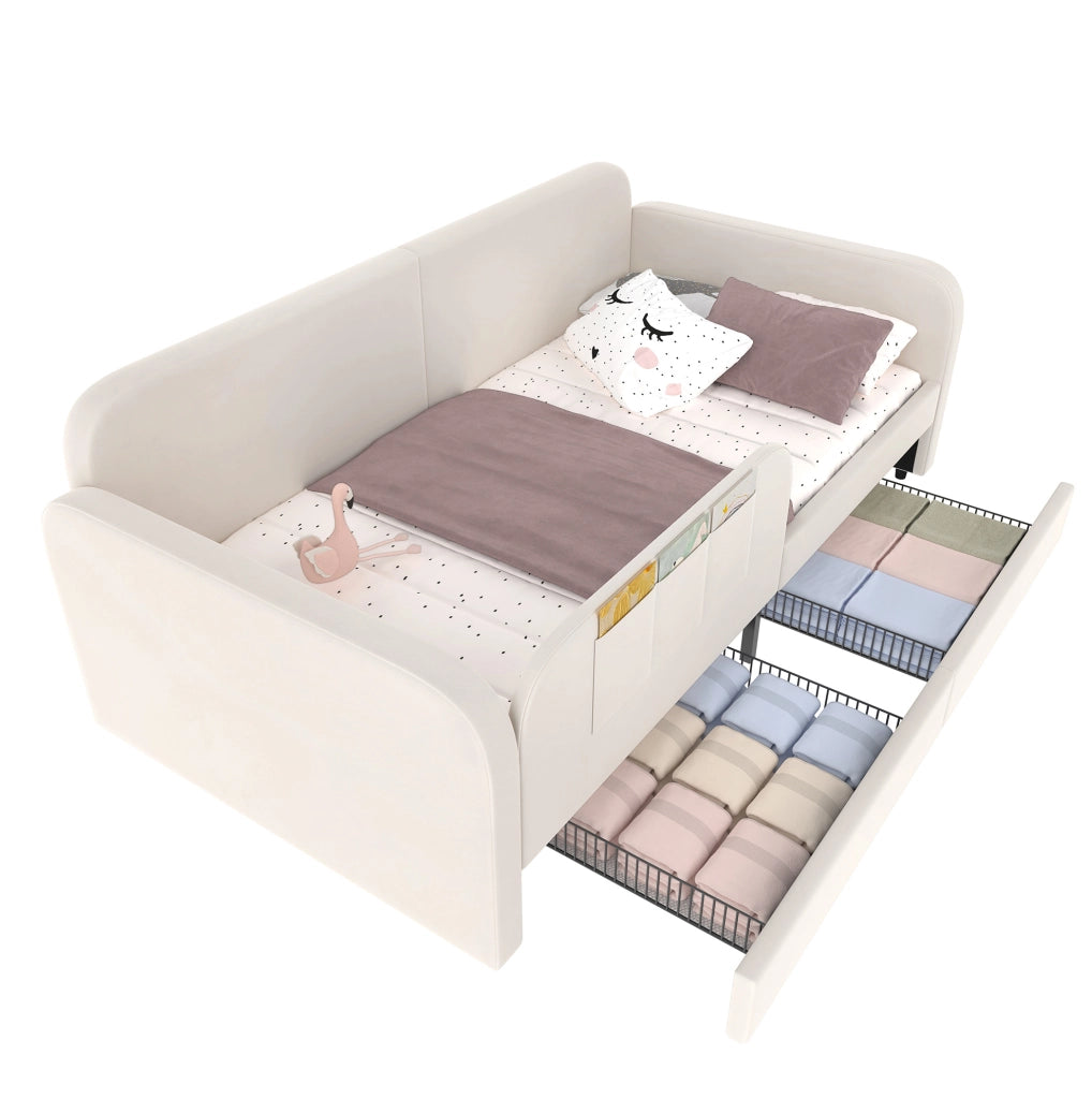 Letto imbottito 90x200 cm con contenitore e tasche in velluto bianco