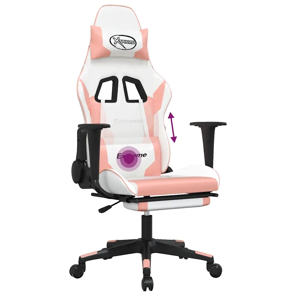 Sedia da Gaming | Sedia da e-sports Massaggio Poggiapiedi Bianco e Rosa Similpelle