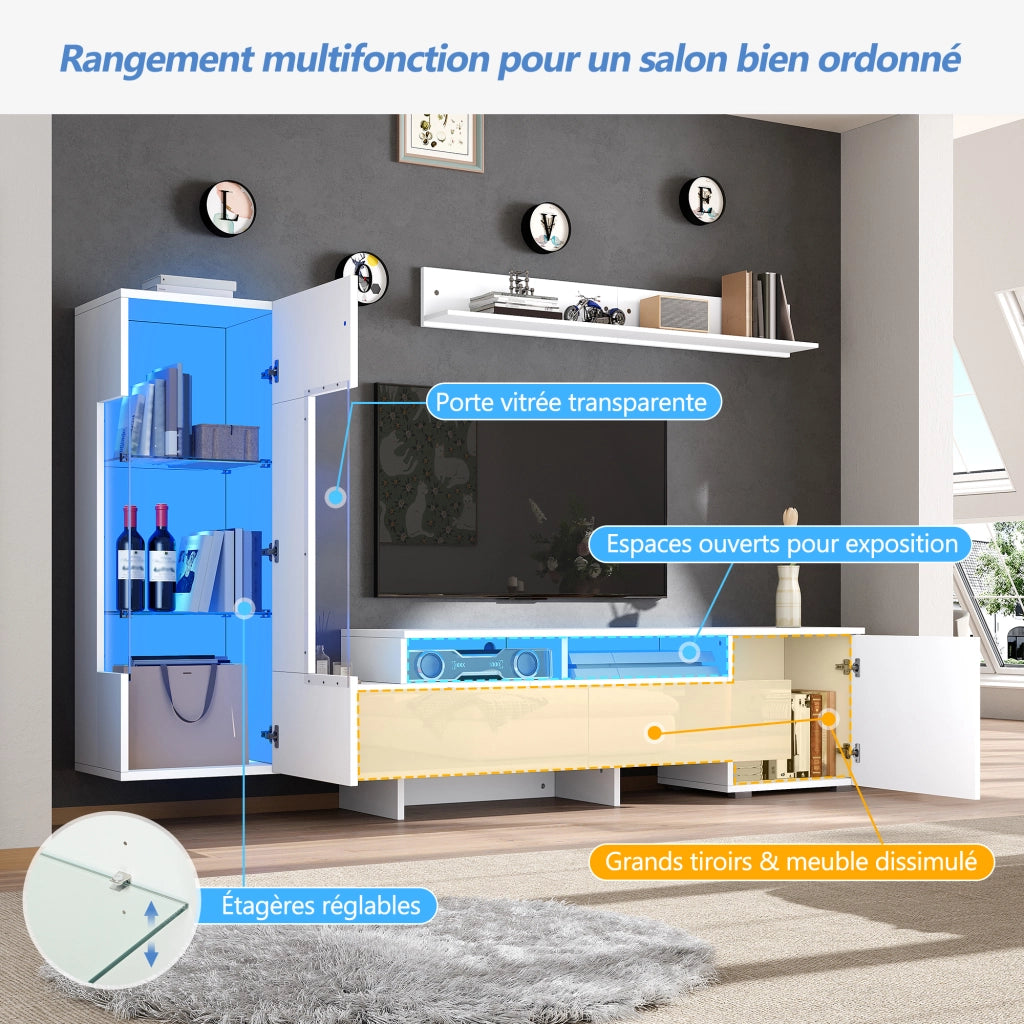 Set mobile porta TV con LED e fronti lucide, 1 anta, 2 cassetti e 2 vani aperti, stile moderno, per soggiorno, bianco
