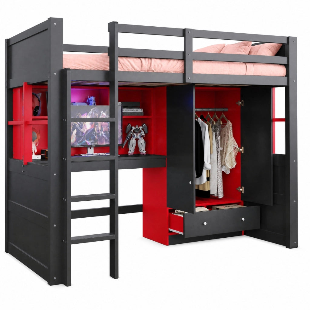 Letto a soppalco 90×200 cm con LED; prese; armadio e cassetti; senza materasso; legno; nero e rosso